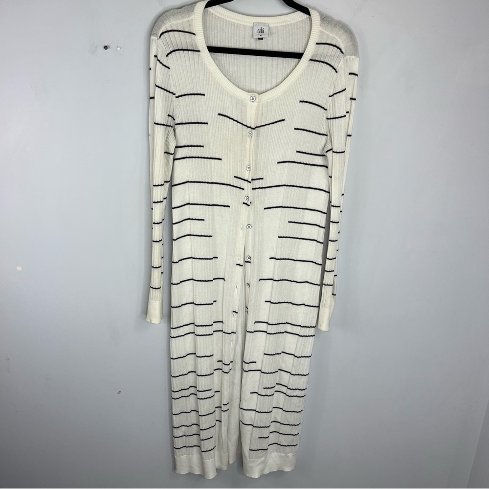 Cabi Dashes Medium Long Line Stripe Cream Black Button Front Duster Cardigan O3